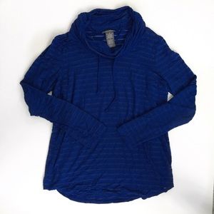 Blue Cowl Neck Sheer Striped Hooded Pullov…